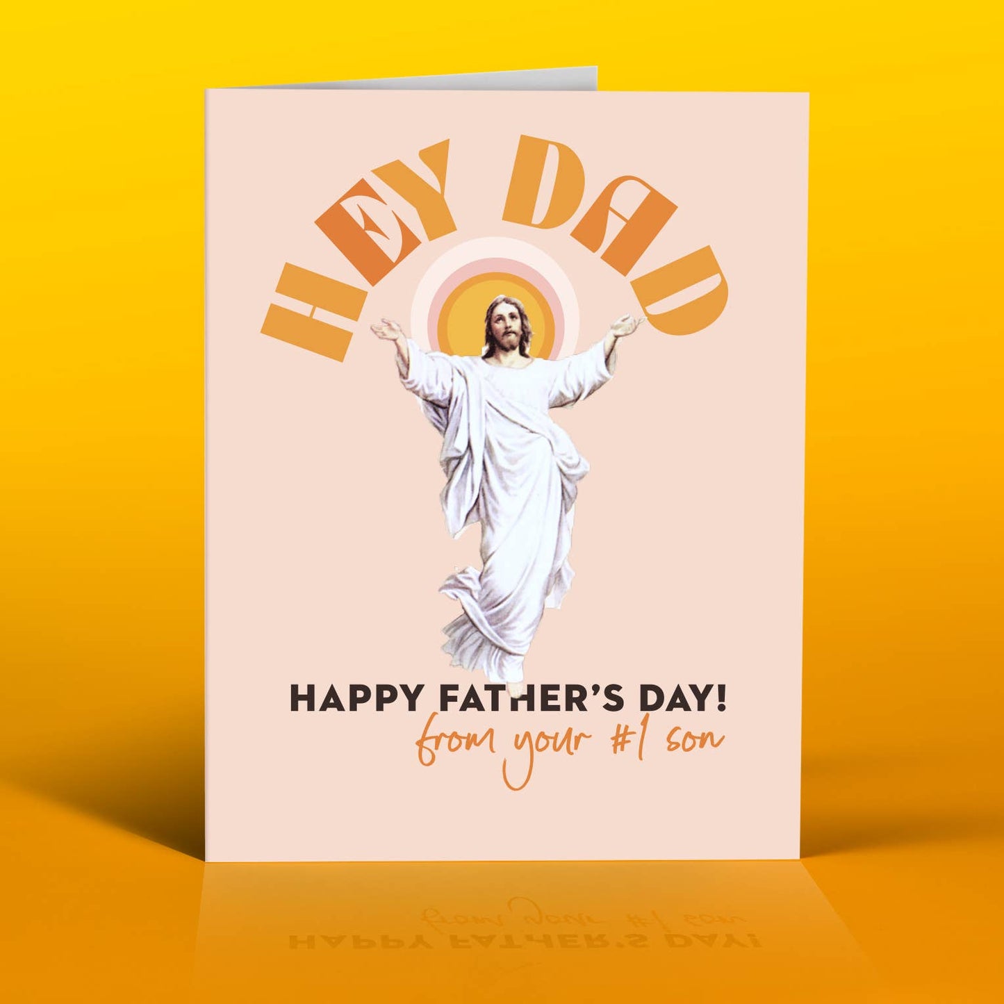 Father's Day card with Jesus illustration on a yellow background
