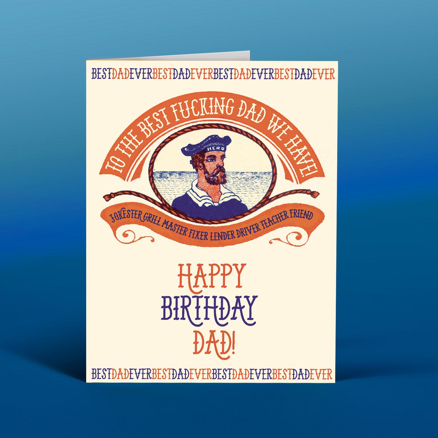 Birthday card for a father with decorative text and a portrait on a blue background
