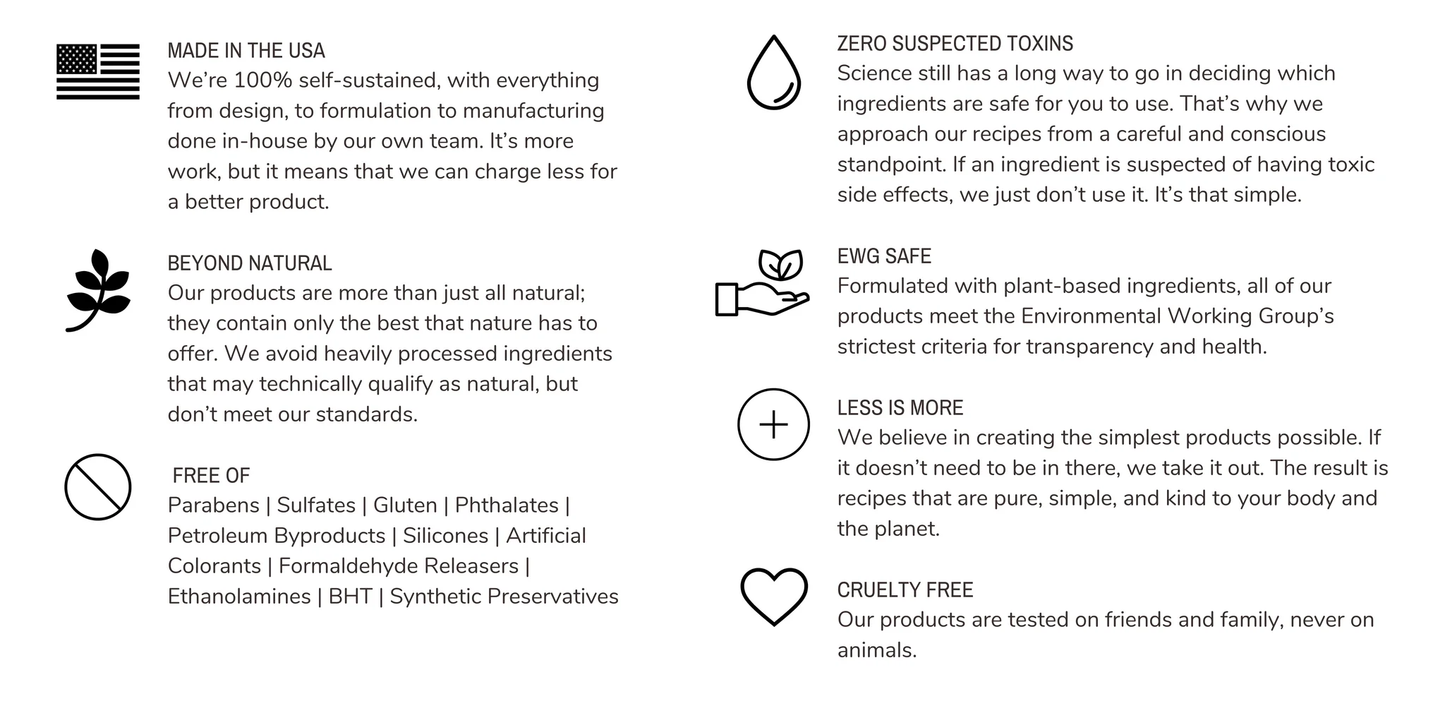 List of product features and sustainability claims on a white background