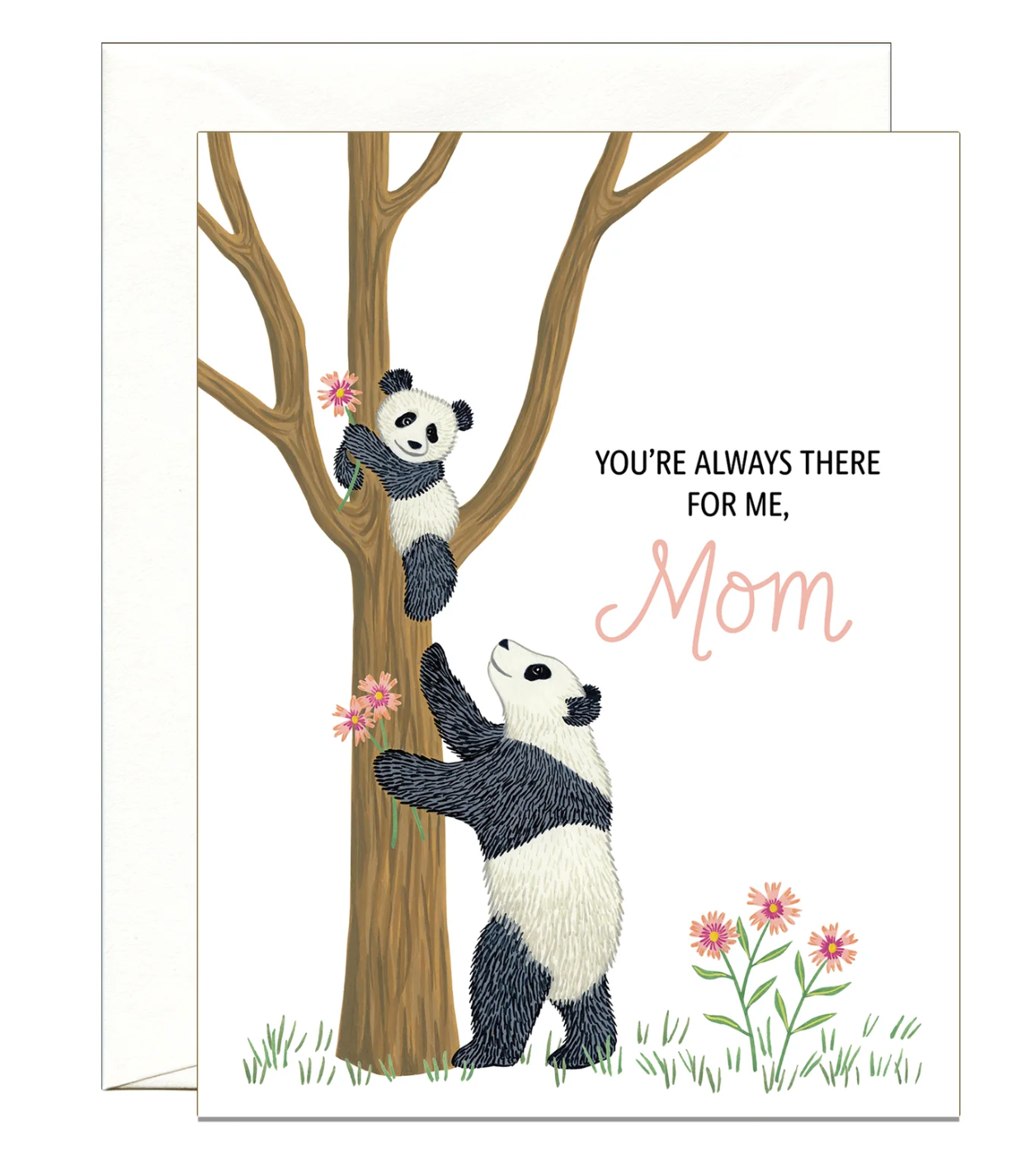 card with art work featuring a tree and two panda bears with text that says "you're always there for me, Mom"