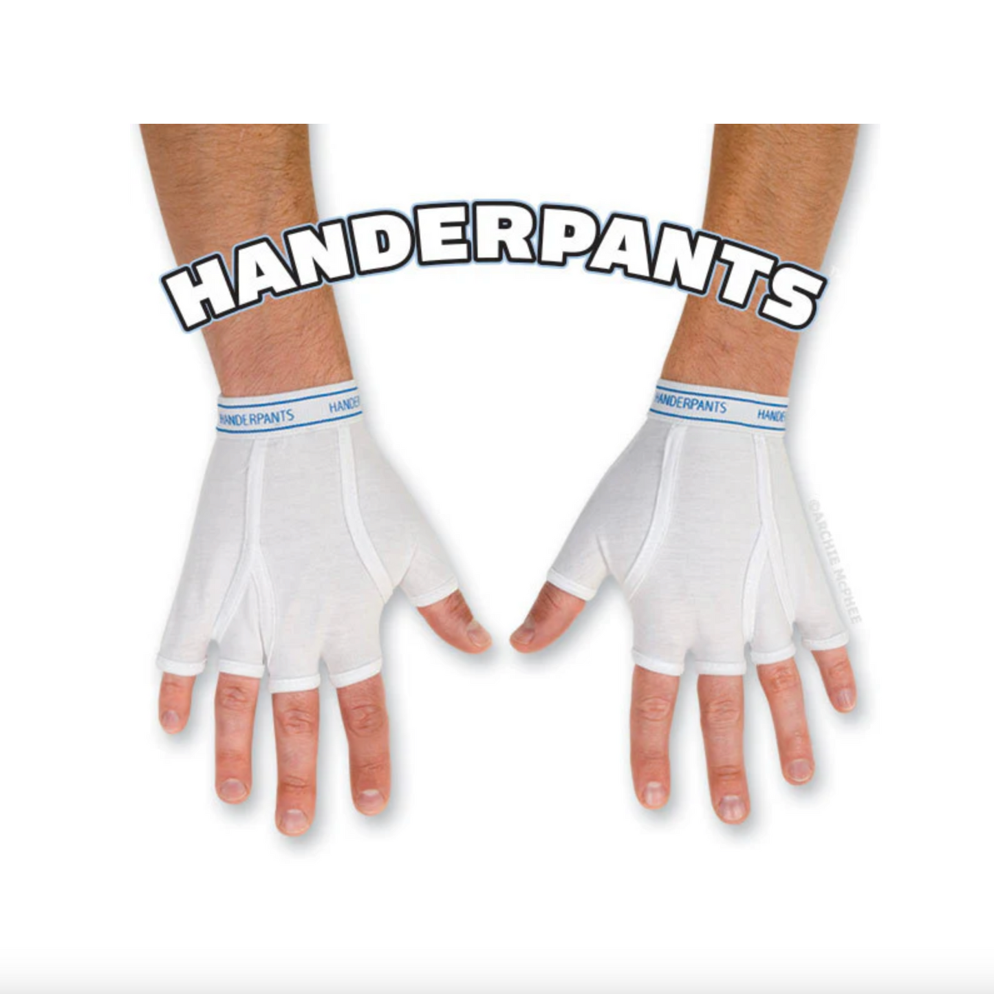 A pair of white, fingerless gloves branded as Handerpants, designed to be worn underneath other gloves.