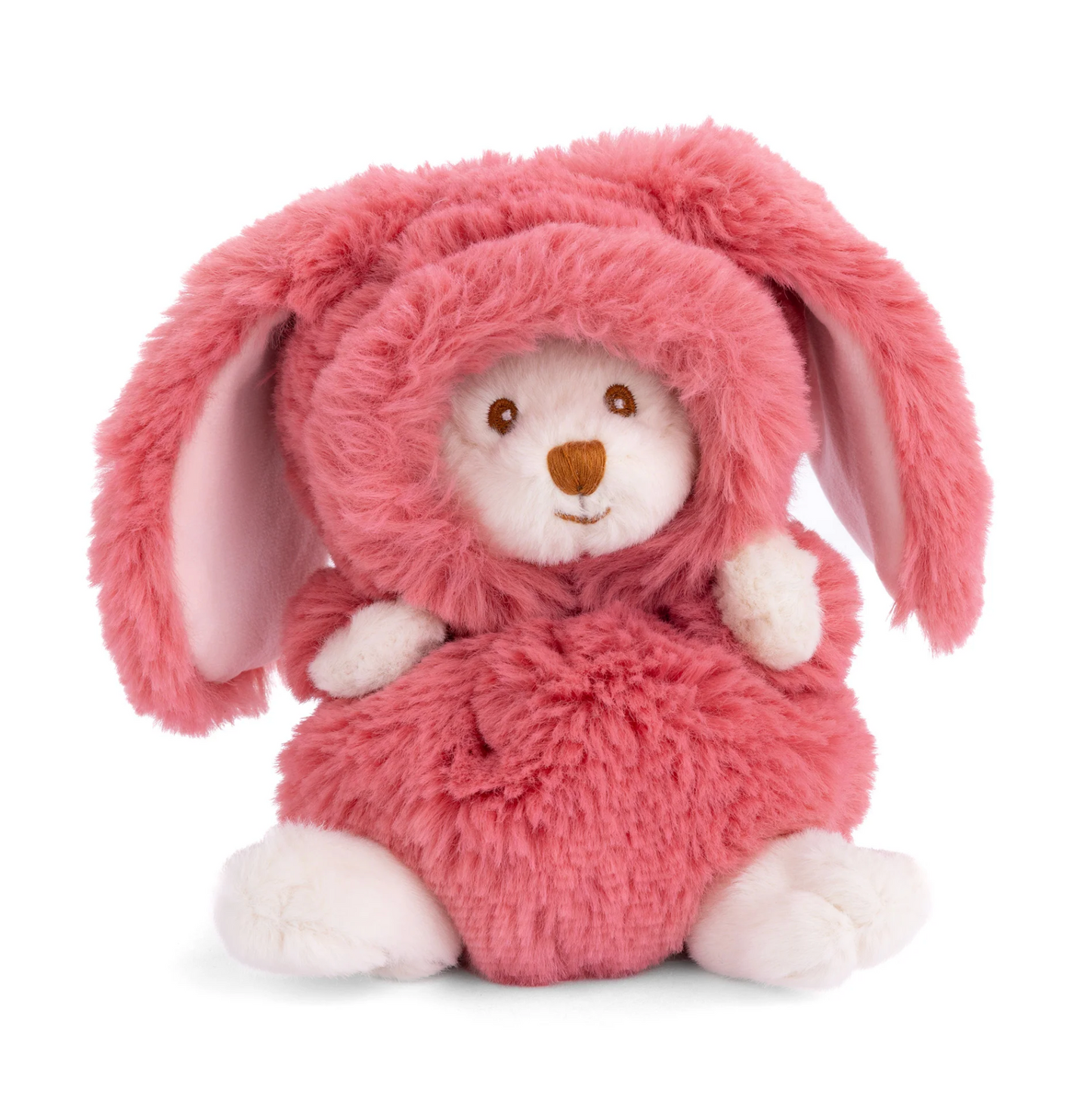 Plush toy rabbit in a pink outfit on a white background