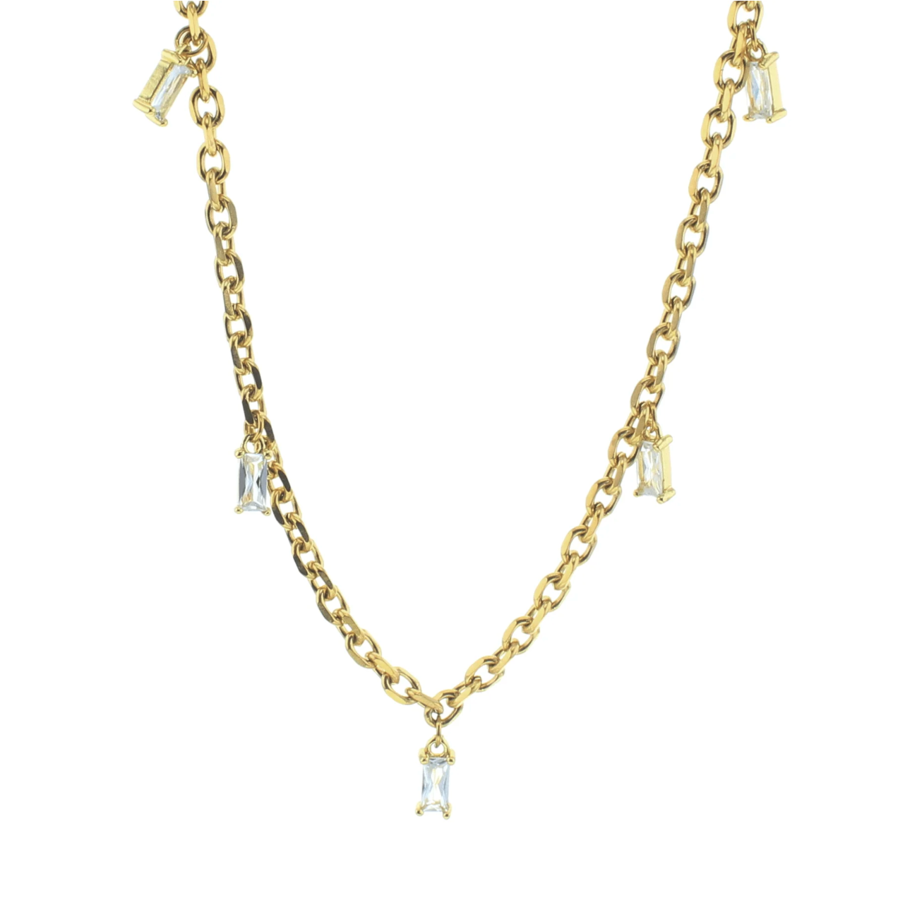 Gold necklace with diamond-shaped pendants on a white background