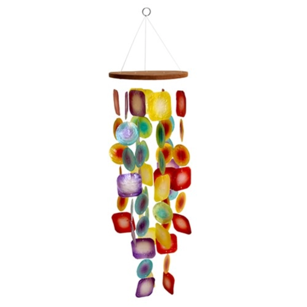 Colorful glass wind chime hanging against a white background