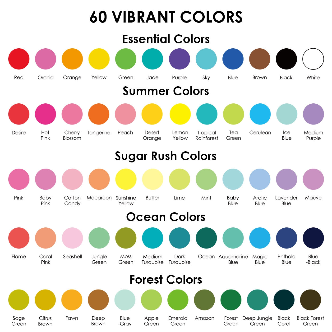 Color chart with 60 vibrant color swatches categorized into different themes.
