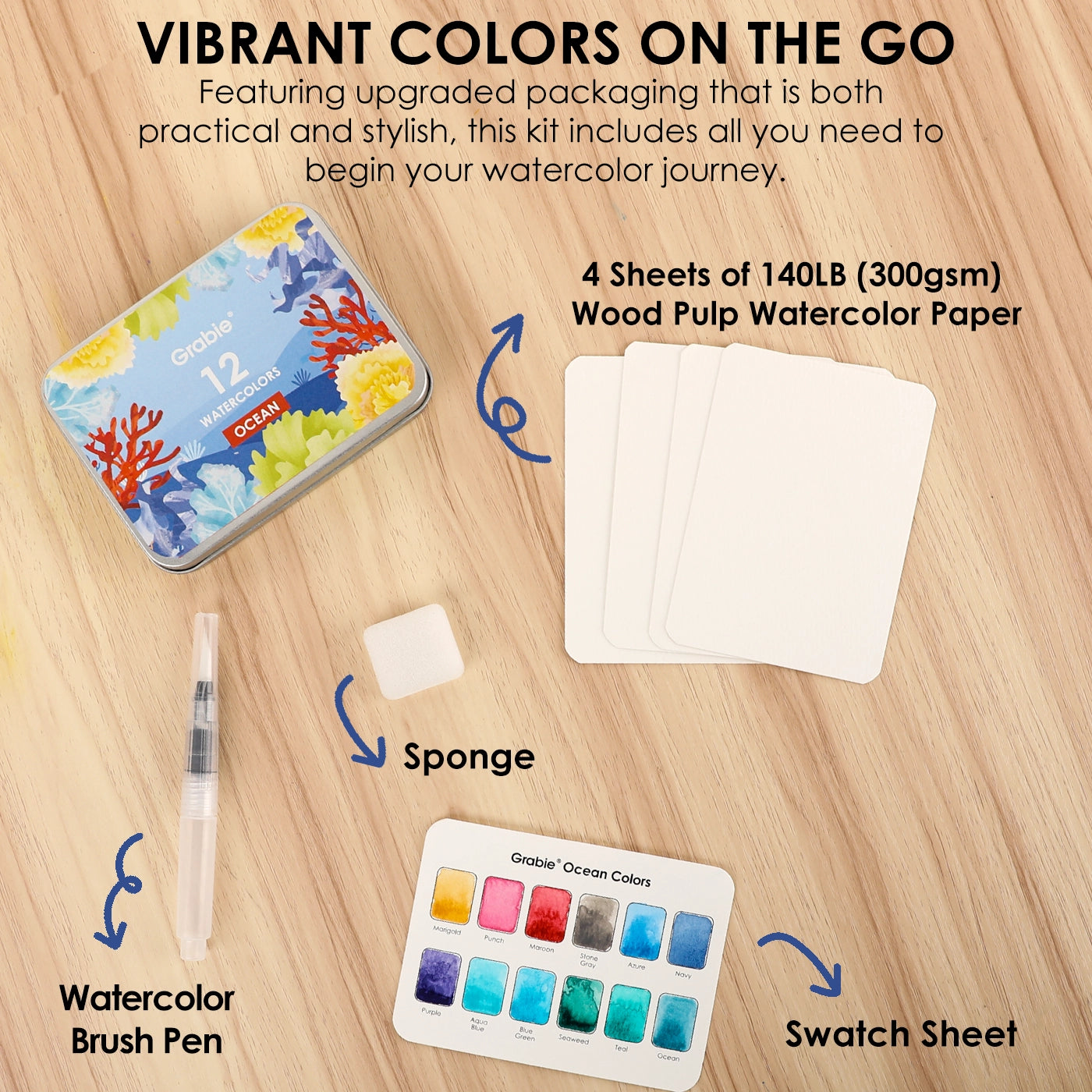 Watercolor art kit with tin, paper, brush pen, sponge, and swatch sheet on a wooden surface.