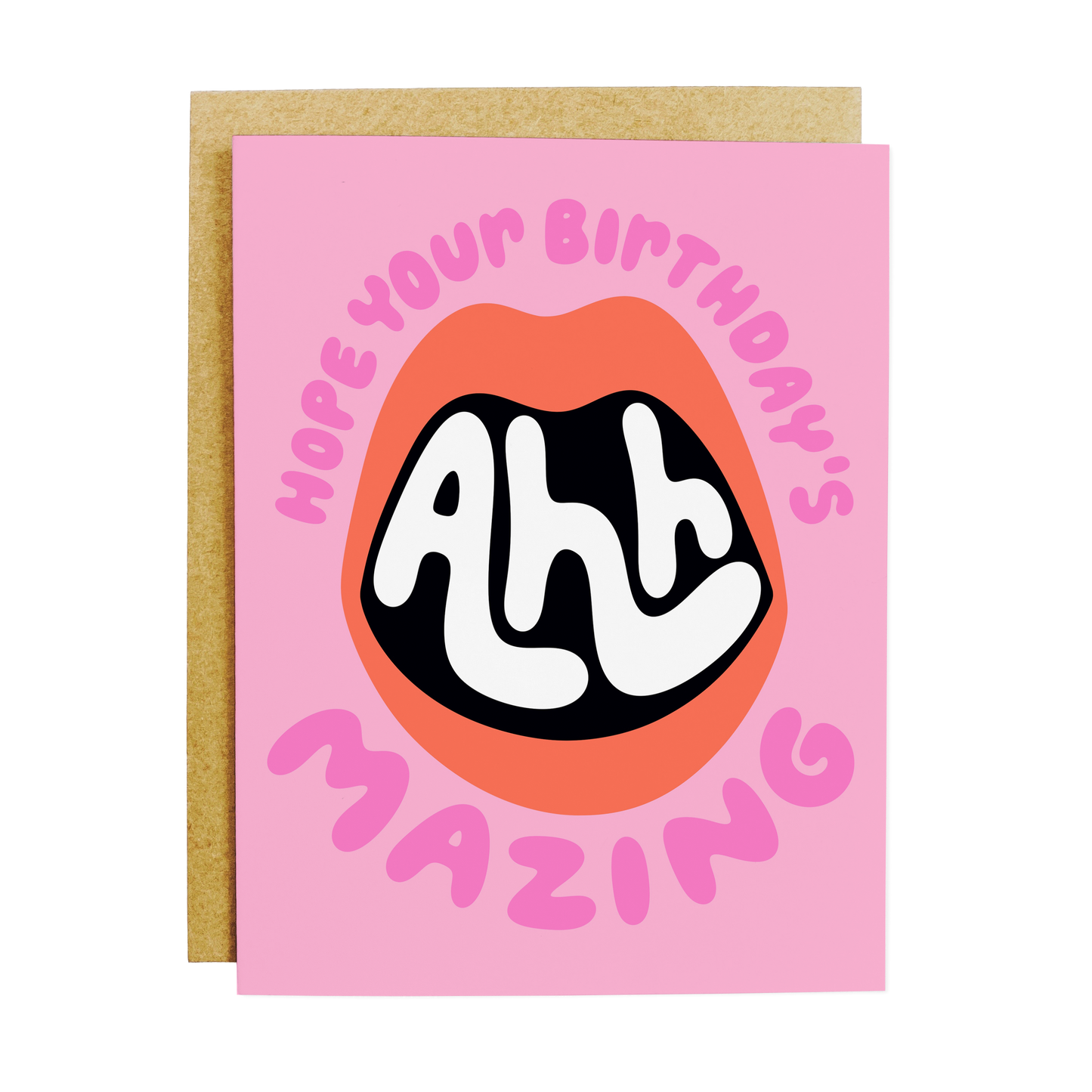 Pink birthday card with a mouth graphic and text on a white background