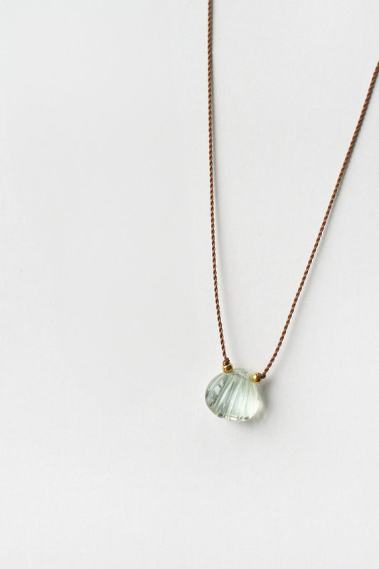 Green Amethyst Clam Shell Amulet w/ Gold Beads