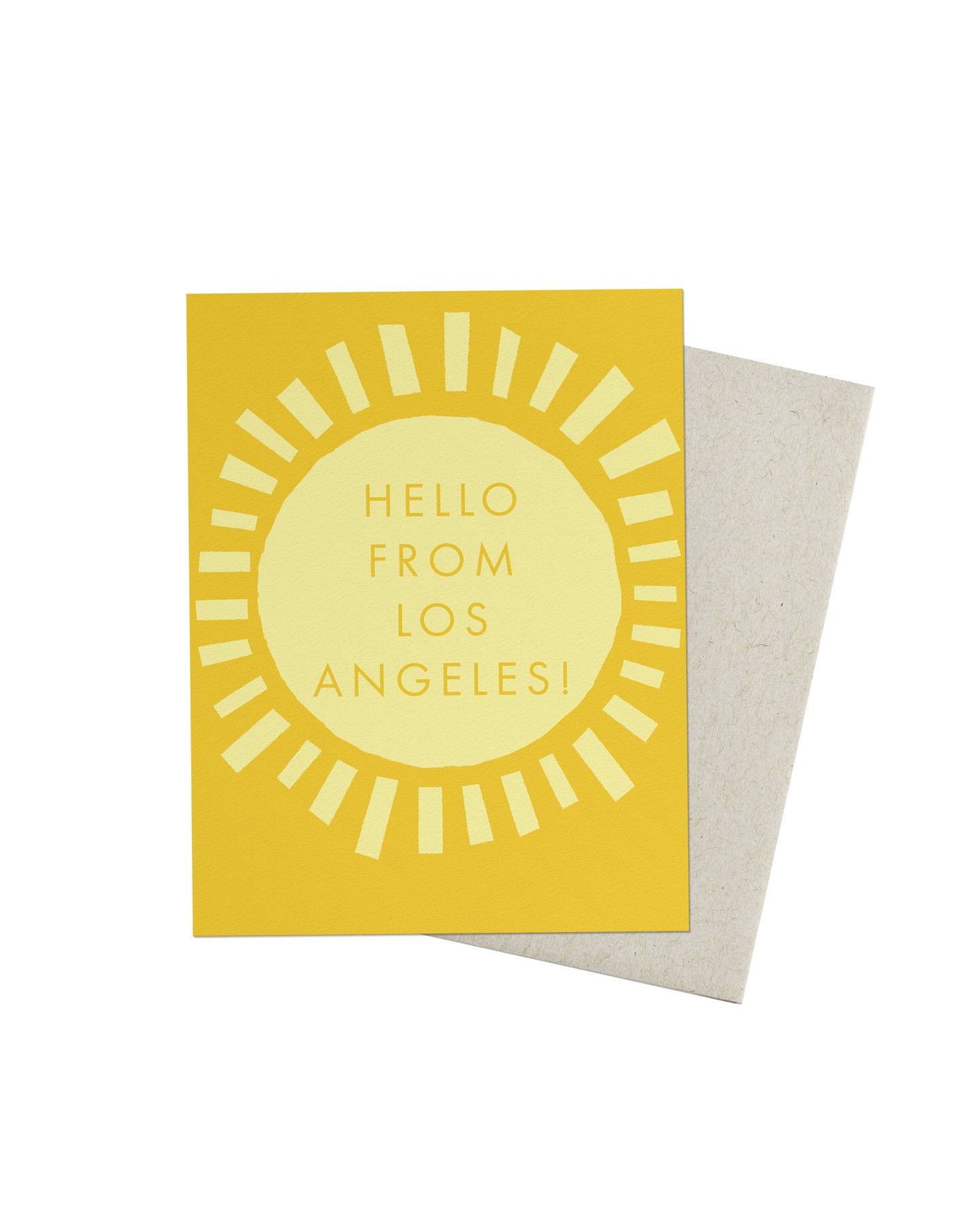 Greeting card with sun design and 'Hello from Los Angeles!' text on a yellow background