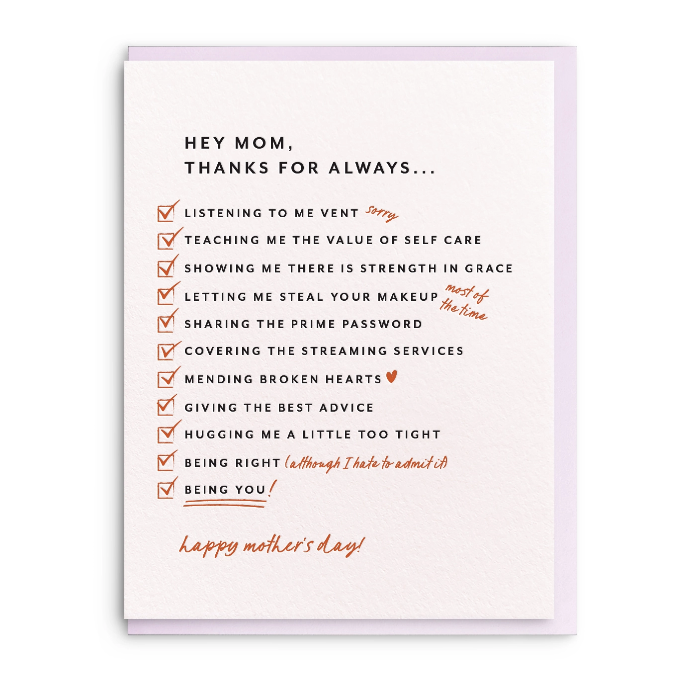 Mother's Day card with humorous checklist for mom on a white background