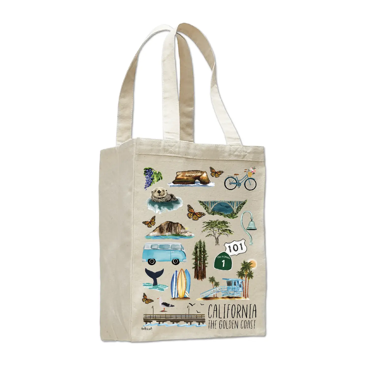 An off-white canvas tote bag featuring a colorful California Golden Coast collage print with illustrations of a bus, surfboards, a mountain, and a bicycle, shown on a plain white background.