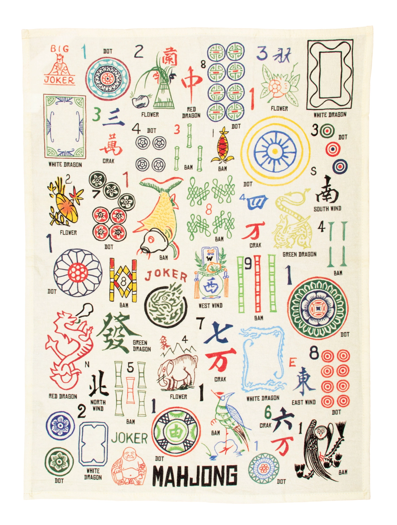 Mahjong dish towel with colorful symbols and text on a white background