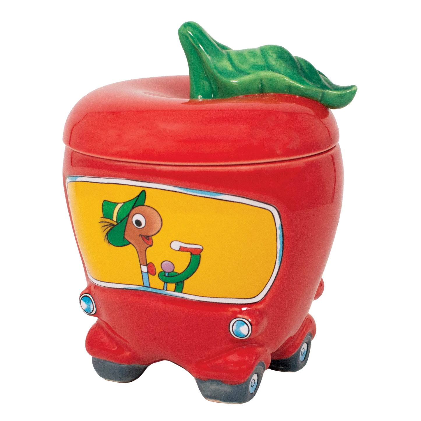 Red apple-shaped mug with a cartoon character on a white background