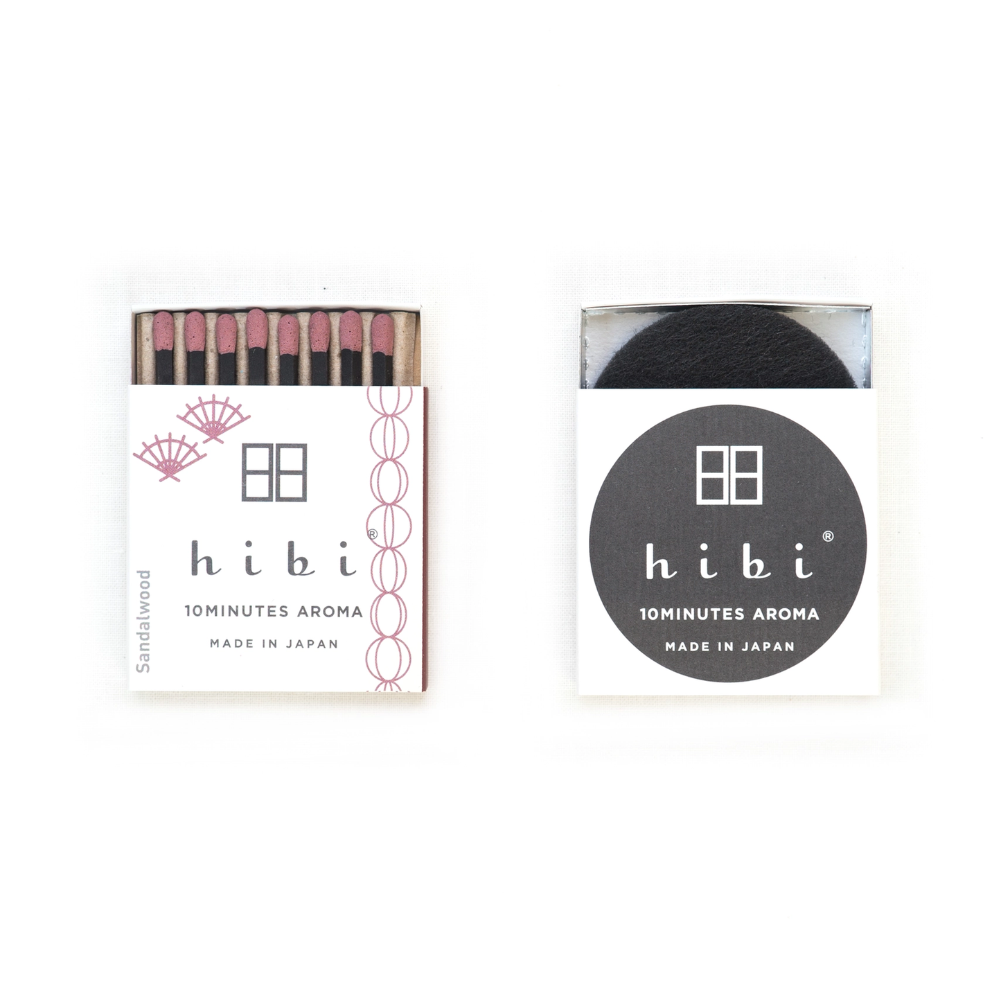 Two packages of hibi matches with black matches and branded labels on a white background.