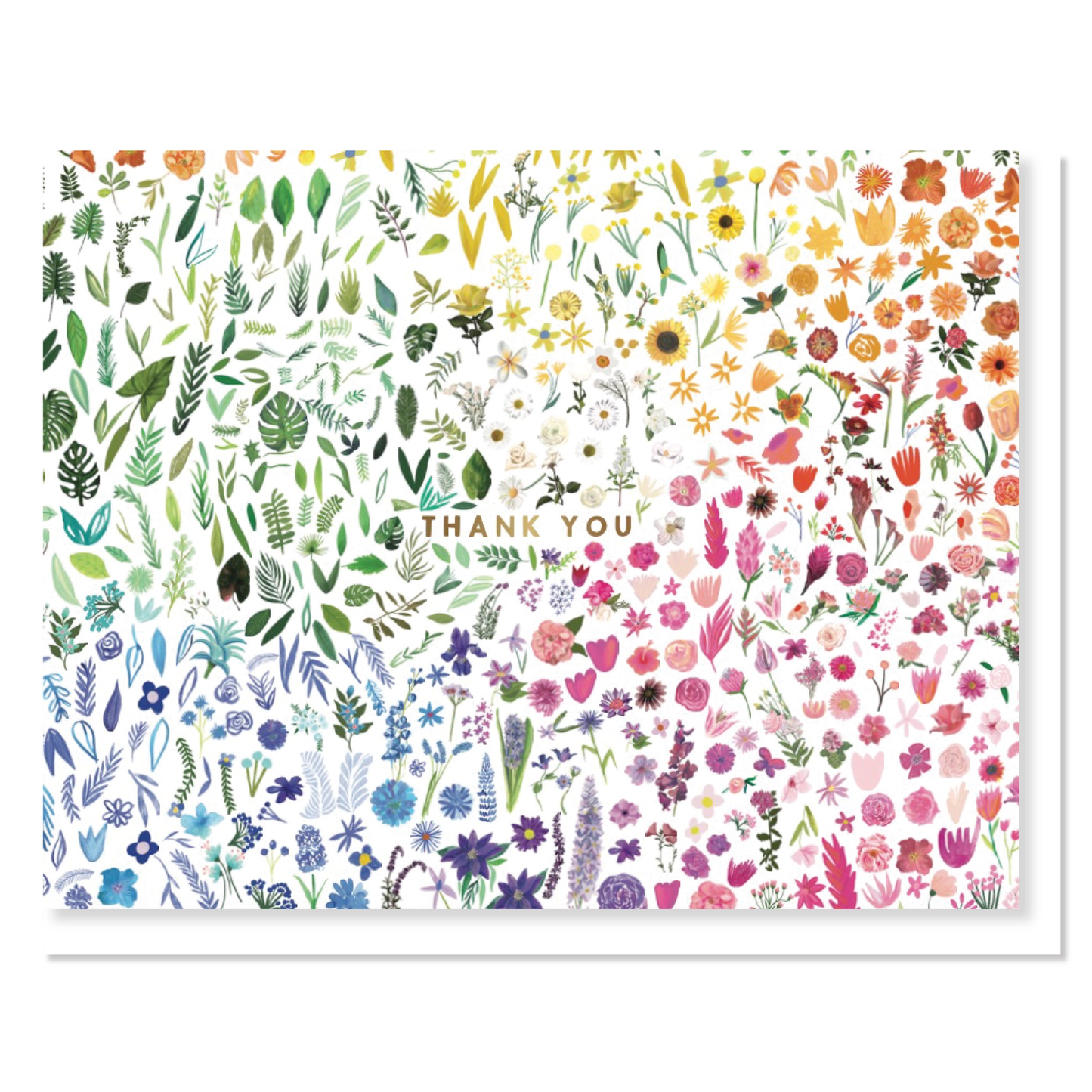 A square greeting card featuring a dense, colorful floral and botanical pattern transitioning through green, blue, pink, and orange on a white background, with the words 'THANK YOU' printed in the center.