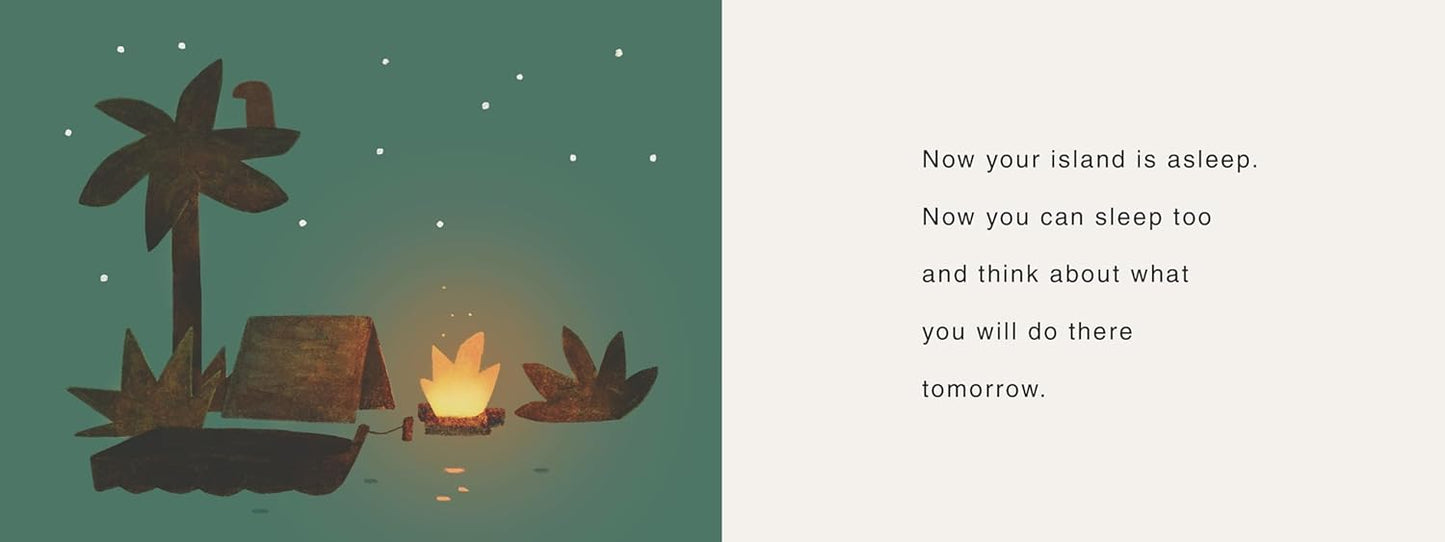 Illustration of a small island with a palm tree, hut, and campfire at night under a starry sky.