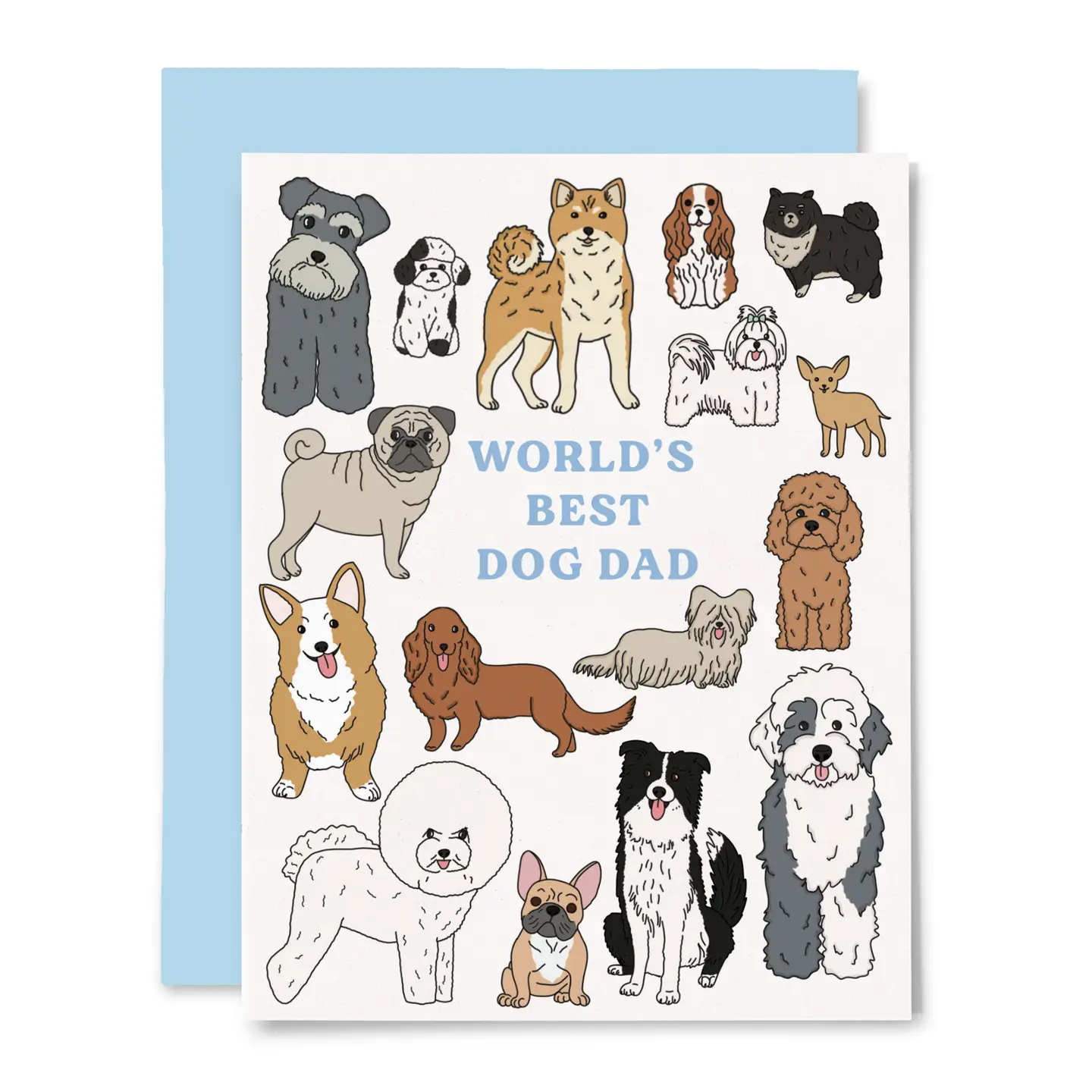Greeting card with various breeds of dogs and the text 'WORLD'S BEST DOG DAD' on it, with a blue envelope and a protective cellophane sleeve.