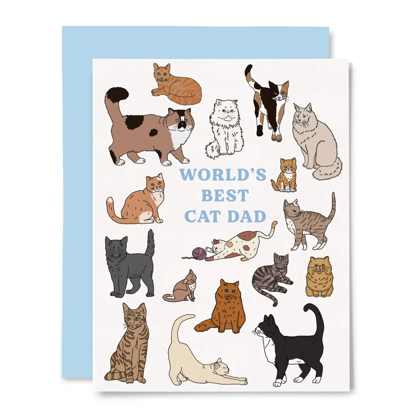 Greeting card with illustrations of cats and 'World's Best Cat Dad' text on a white background.