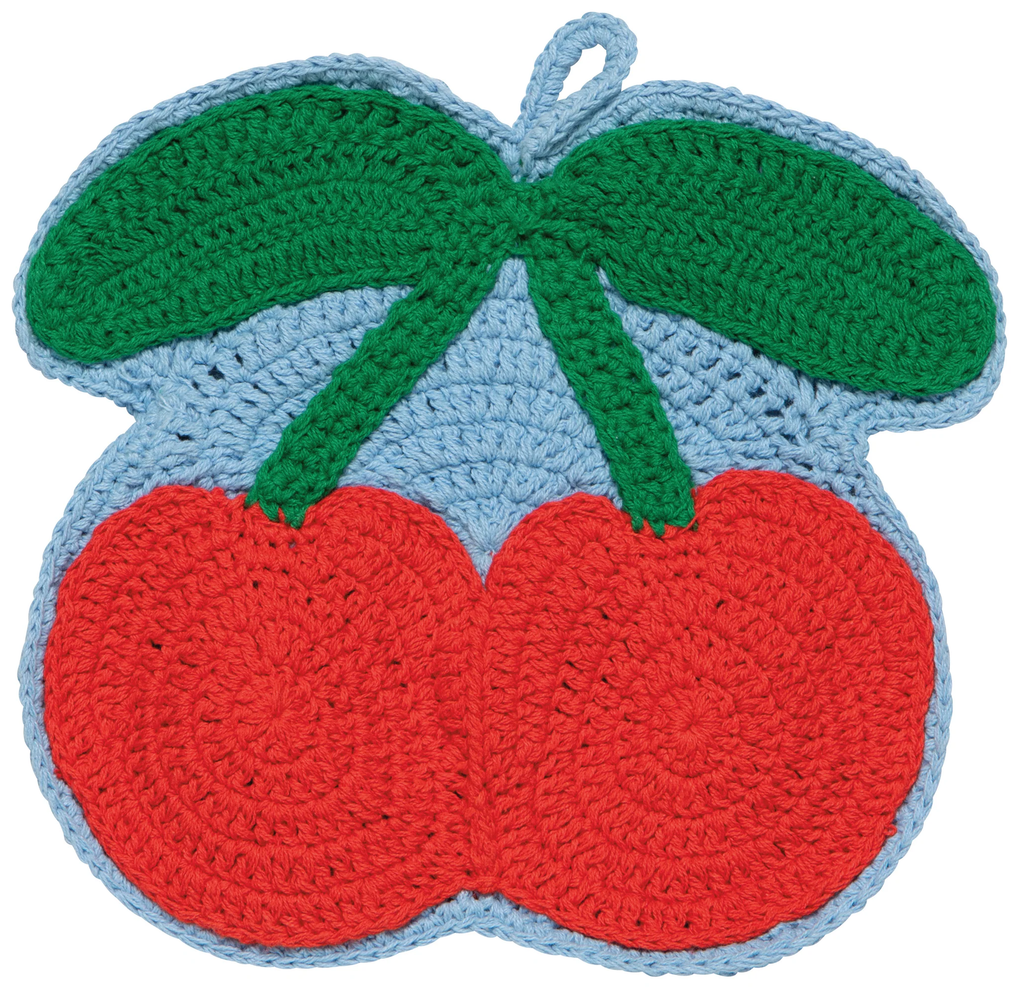 Crocheted pot holder shaped like a cherry with red cherries and green leaves on a white background