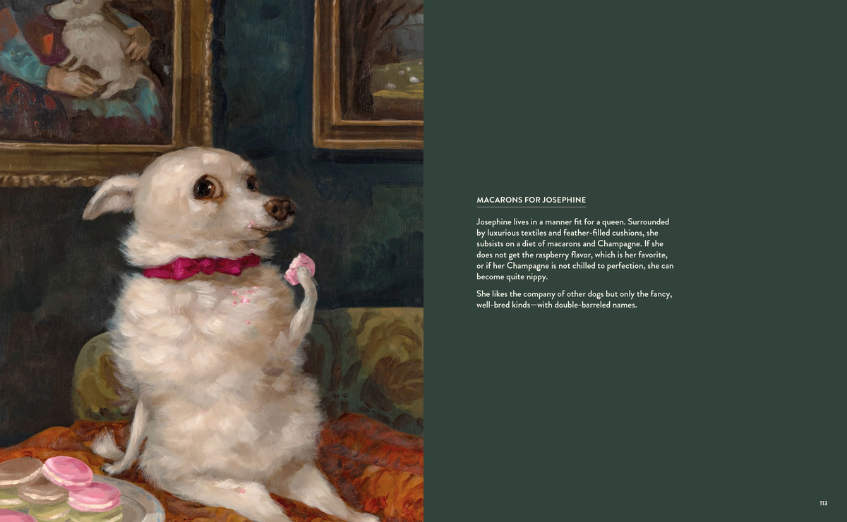 White dog with a pink bow sitting on a table in a decorative setting with paintings in the background.