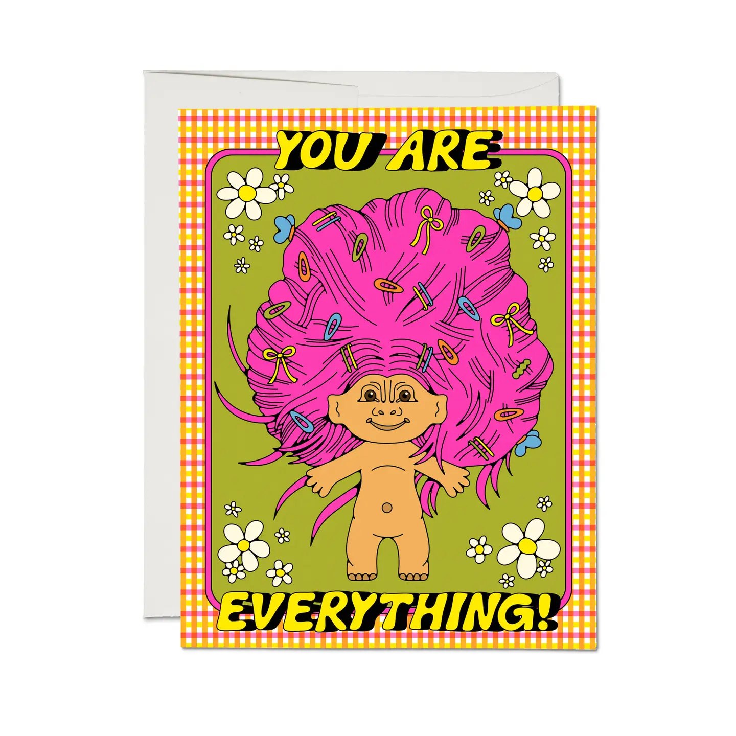 Greeting card with a colorful cartoon troll character surrounded by flowers and the text 'You are everything!' on a yellow background.