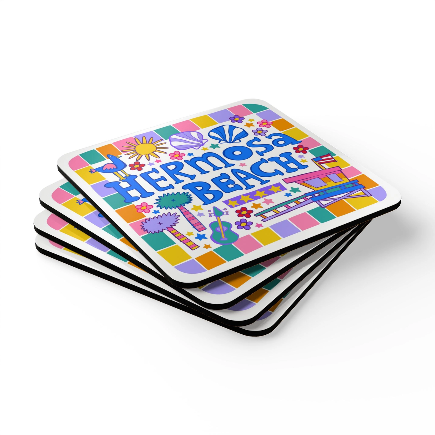 Colorful coasters with 'Hermosa Beach' design on a white background