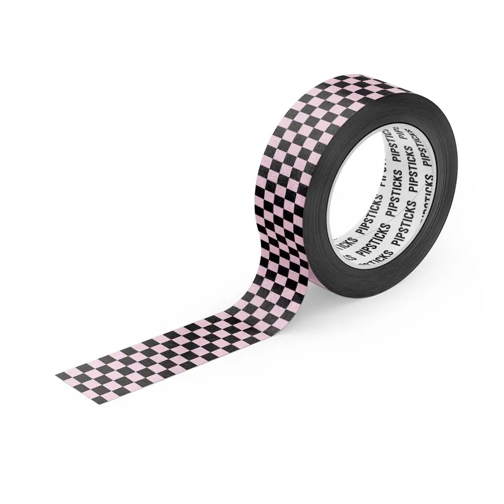 Checkered tape with pink and black pattern on a white background