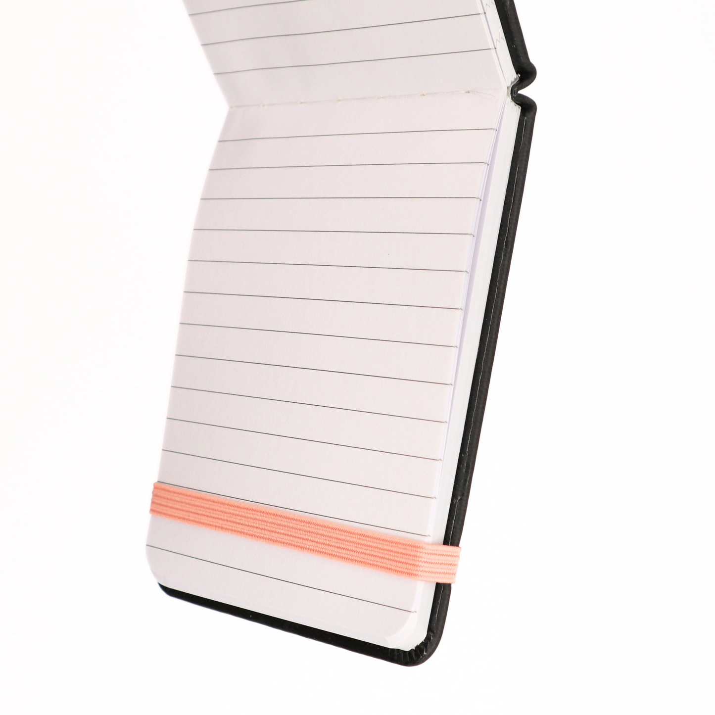 Notebook with lined pages and a black border on a white background