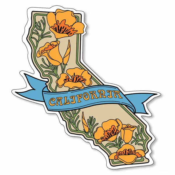 A die-cut sticker shaped like the state of California, decorated with orange poppy flowers, green leaves, and a blue ribbon banner across the center that reads "CALIFORNIA" in yellow letters, shown on a plain white background.