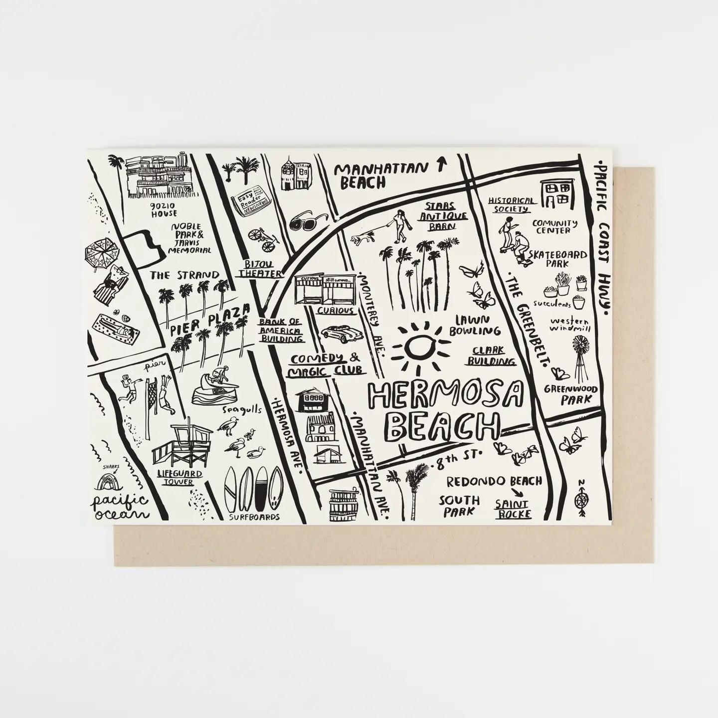 Illustrated map of Hermosa Beach on a card with a beige background