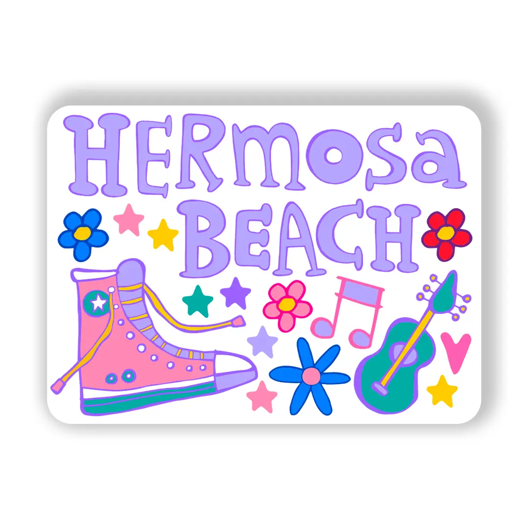 Colorful illustration of 'Hermosa Beach' with a pink shoe, guitar, and flowers on a white background.