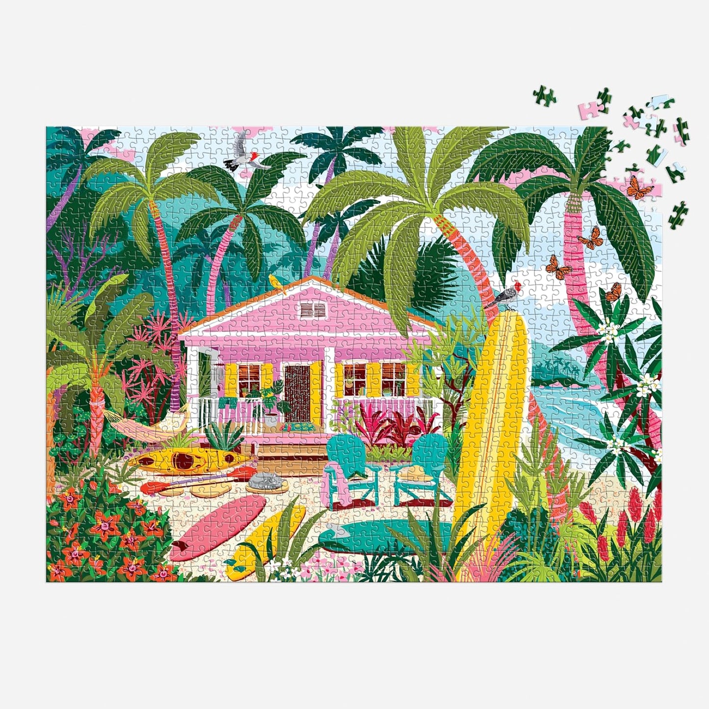 Colorful illustration of a tropical house with palm trees and beach items.