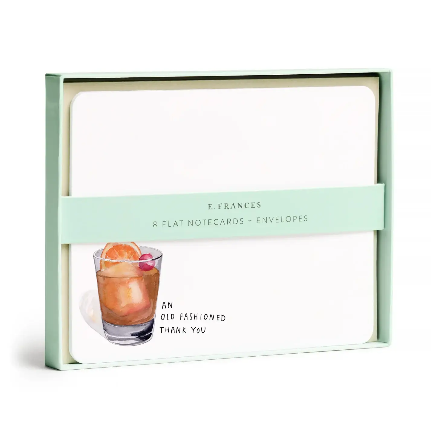 Pack of 8 flat notecards with envelopes featuring an Old Fashioned cocktail illustration, brand 'E. Frances' visible.