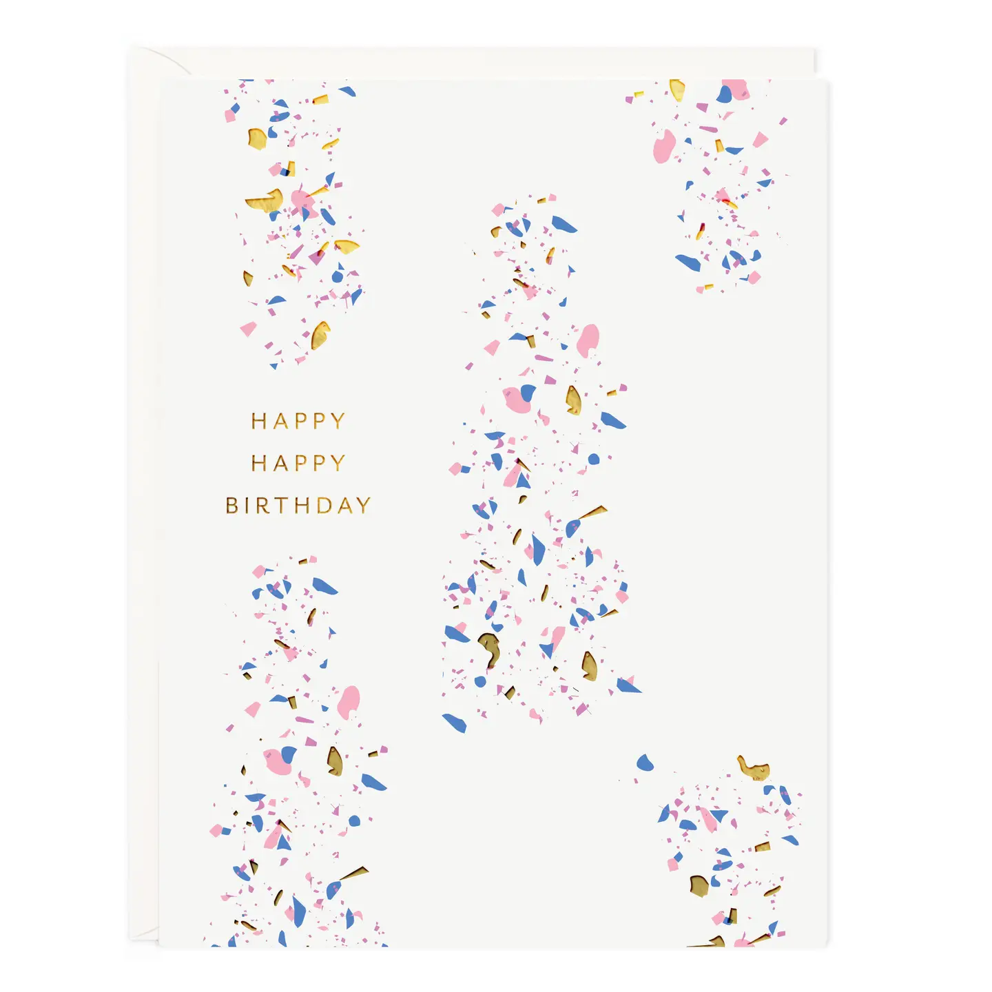 A birthday card with a gold metallic foil embossed text that reads 'HAPPY BIRTHDAY', surrounded by a colorful confetti pattern.