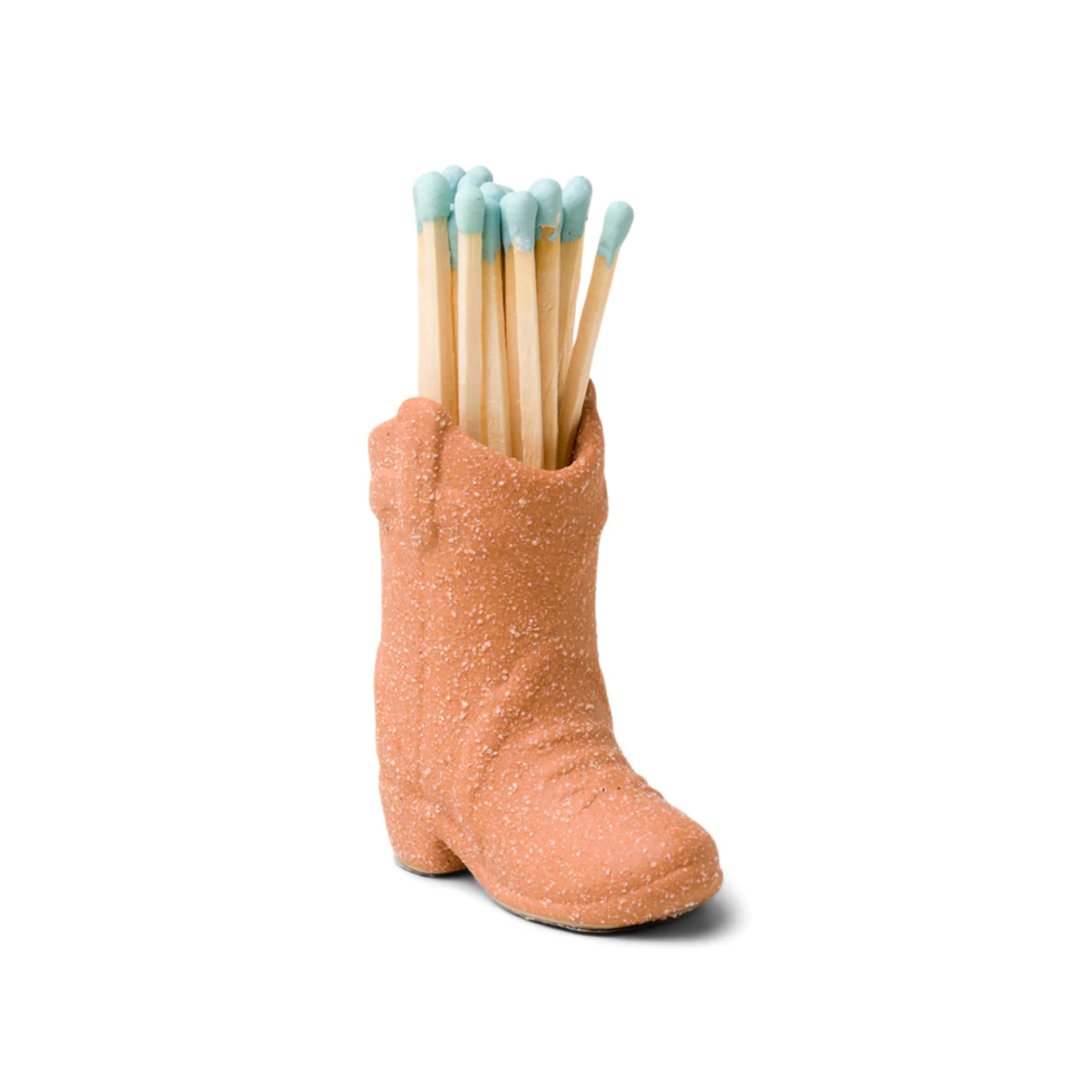 A terracotta ceramic cowboy boot-shaped match holder filled with matches, against a white background.