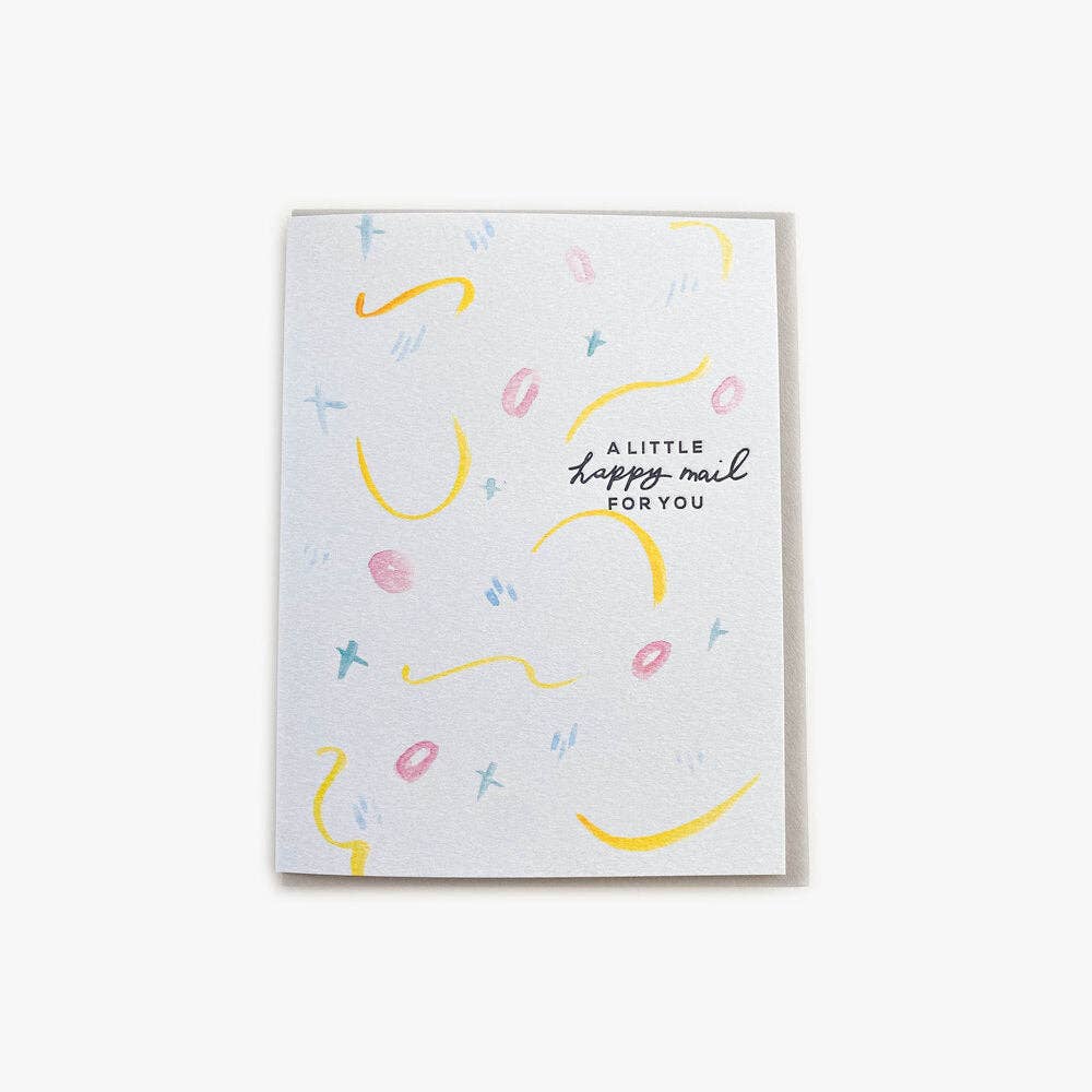 Greeting card with abstract designs and text on a white background