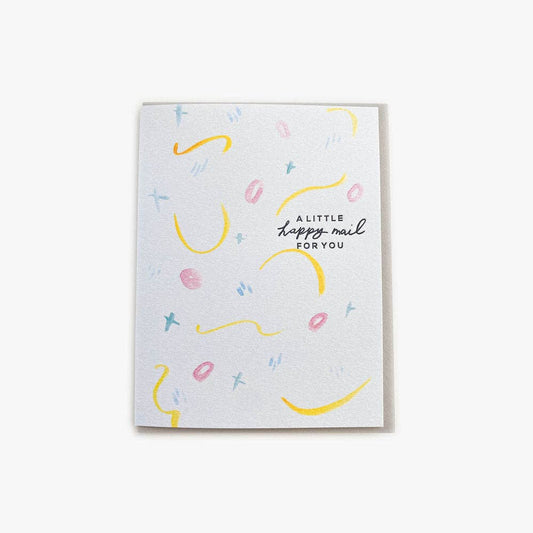Greeting card with abstract designs and text on a white background