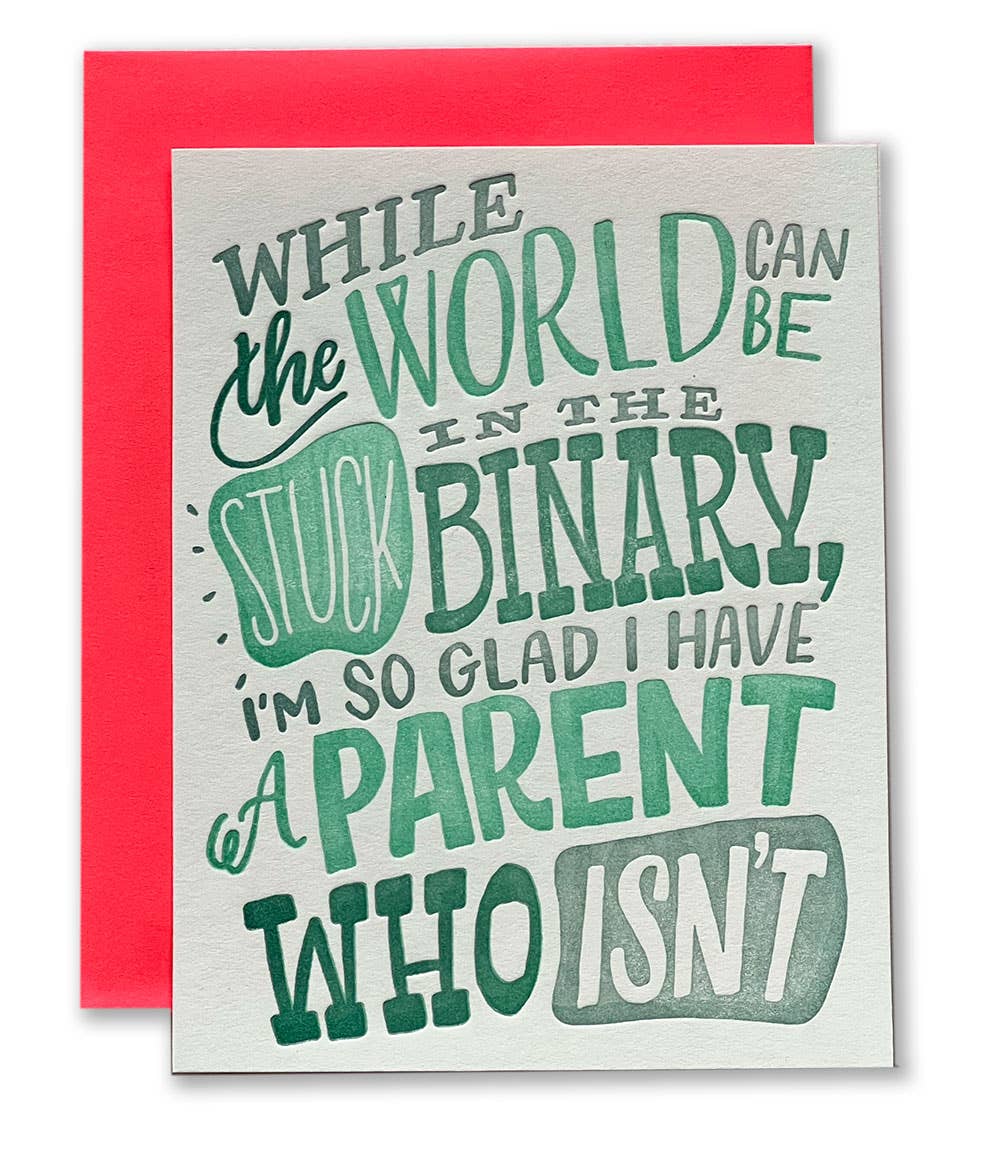 Card with humorous text about a parent who isn't in the 'binary' on a red envelope.