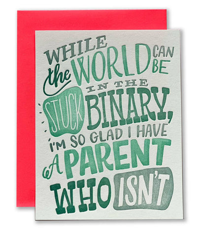 Card with humorous text about a parent who isn't in the 'binary' on a red envelope.