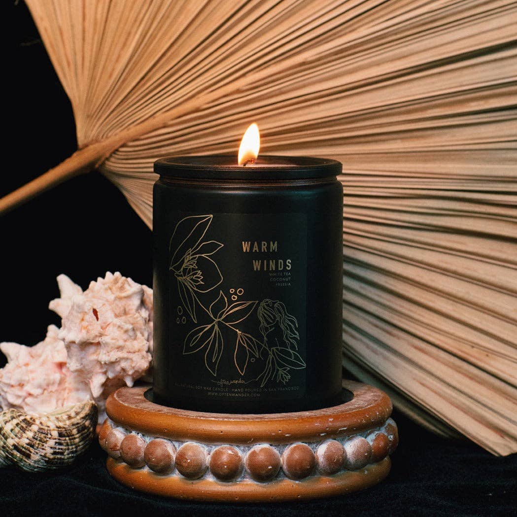 A black candle jar with a lit flame, labeled 'WARM WINDS' and featuring botanical line art, displayed on a decorative wooden pedestal with seashells and a dried palm leaf in the background.