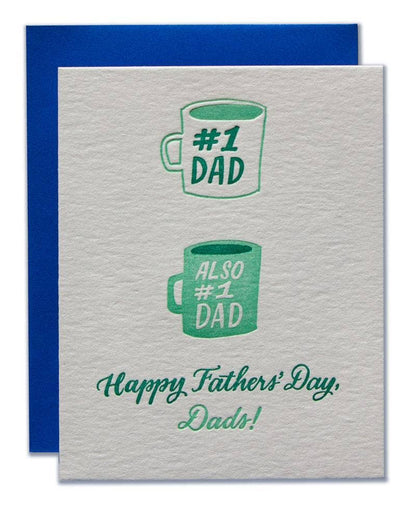 Father's Day card with '#1 Dad' and 'Also #1 Dad' mugs on a blue envelope.