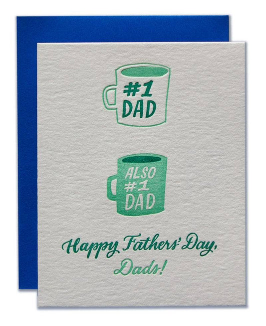 Father's Day card with '#1 Dad' and 'Also #1 Dad' mugs on a blue envelope.