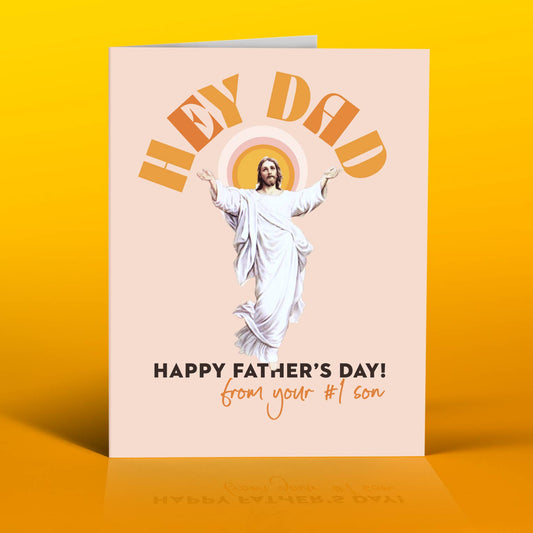 Father's Day card with Jesus illustration on a yellow background