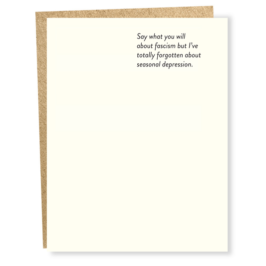 Card with text about fascism and seasonal depression on a white background
