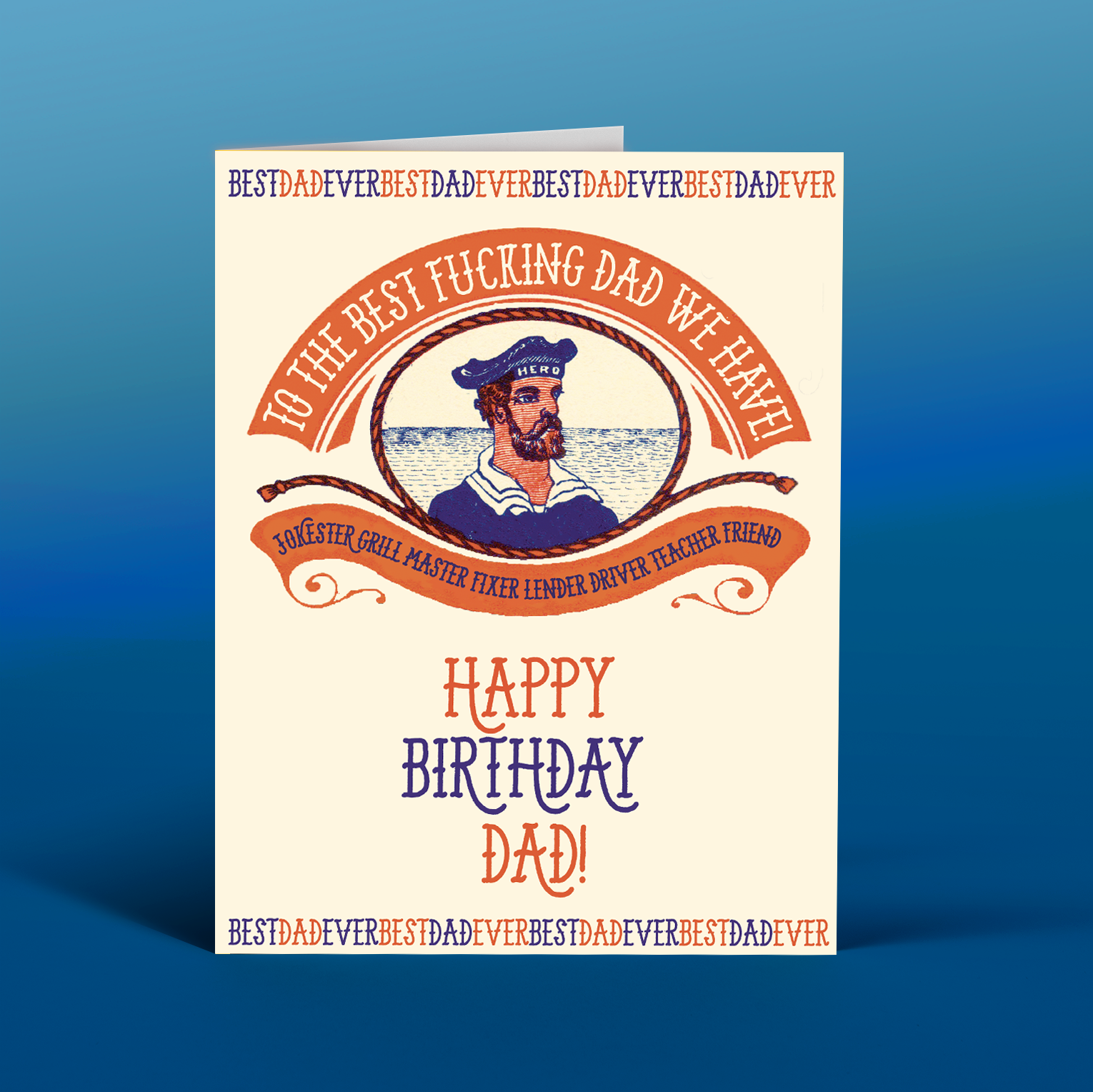 Birthday card for a father with decorative text and a portrait on a blue background
