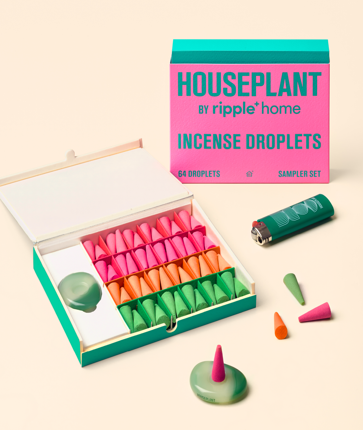 Houseplant by Ripple Home incense droplets set with colorful cones and packaging on a beige background