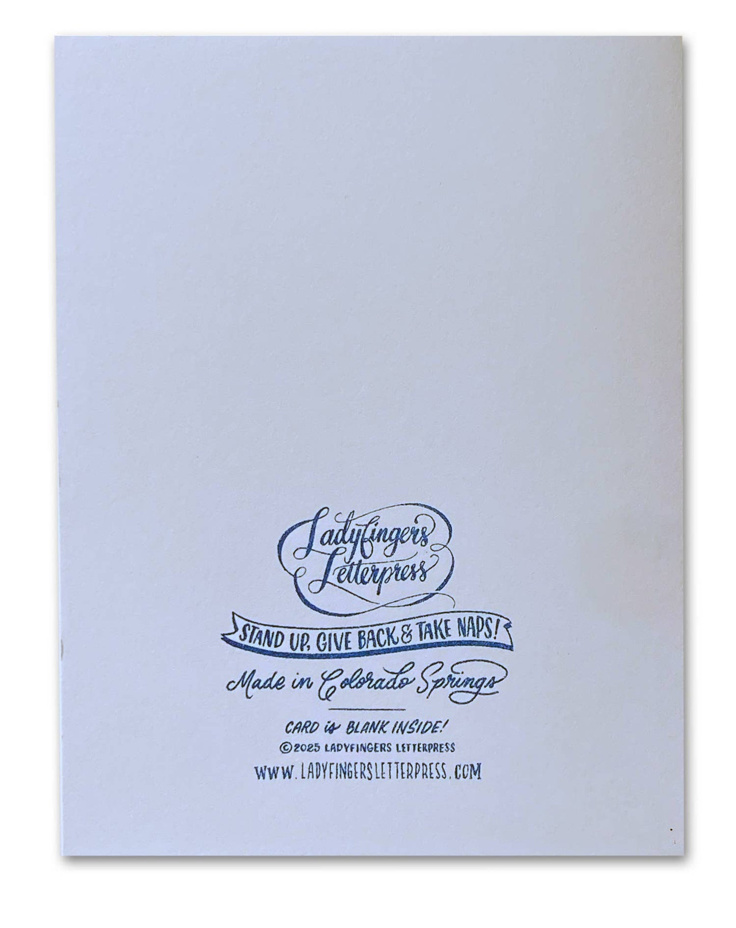 Light blue card with black text and Ladyfingers Letterpress branding