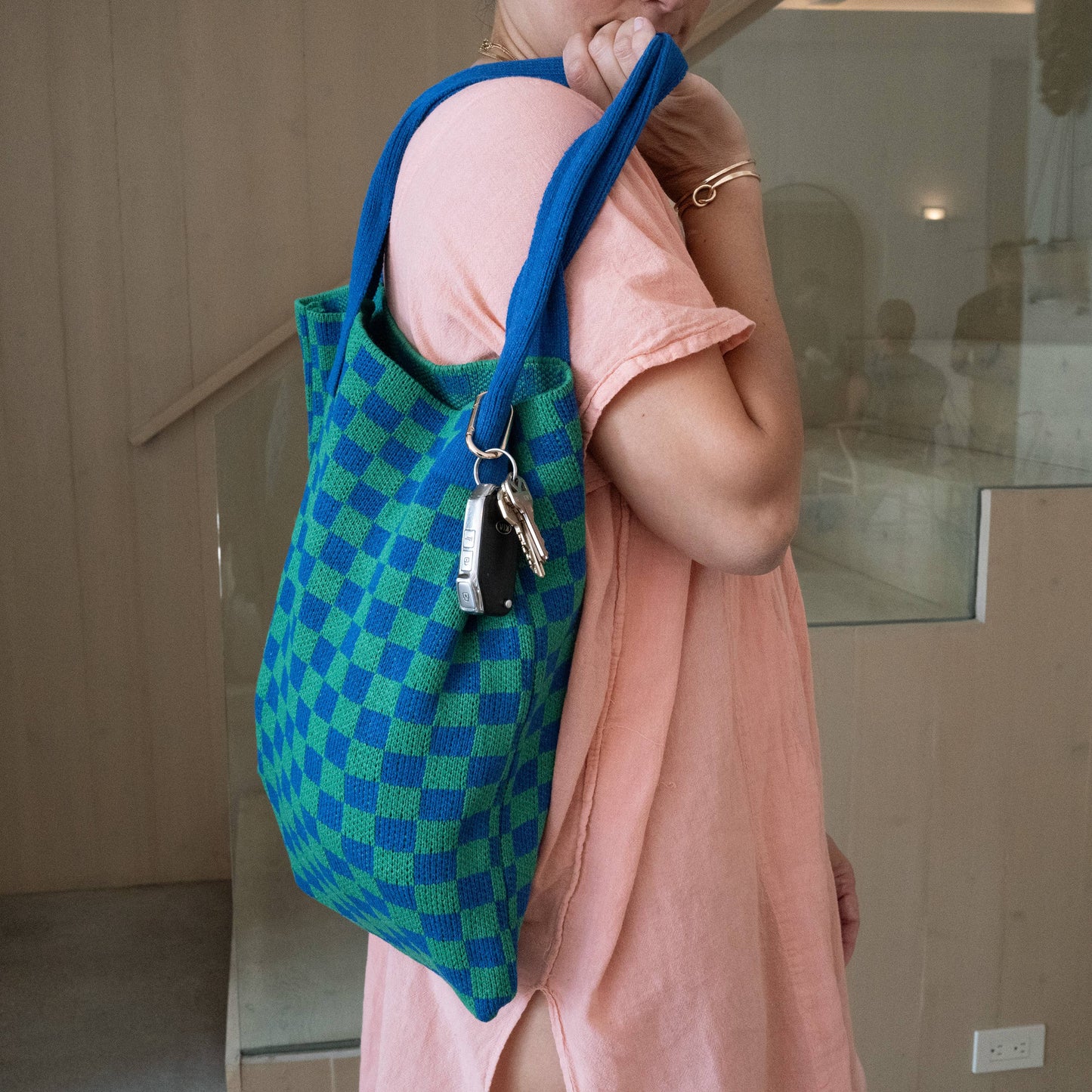Blue and Green Checkered Tote Bag