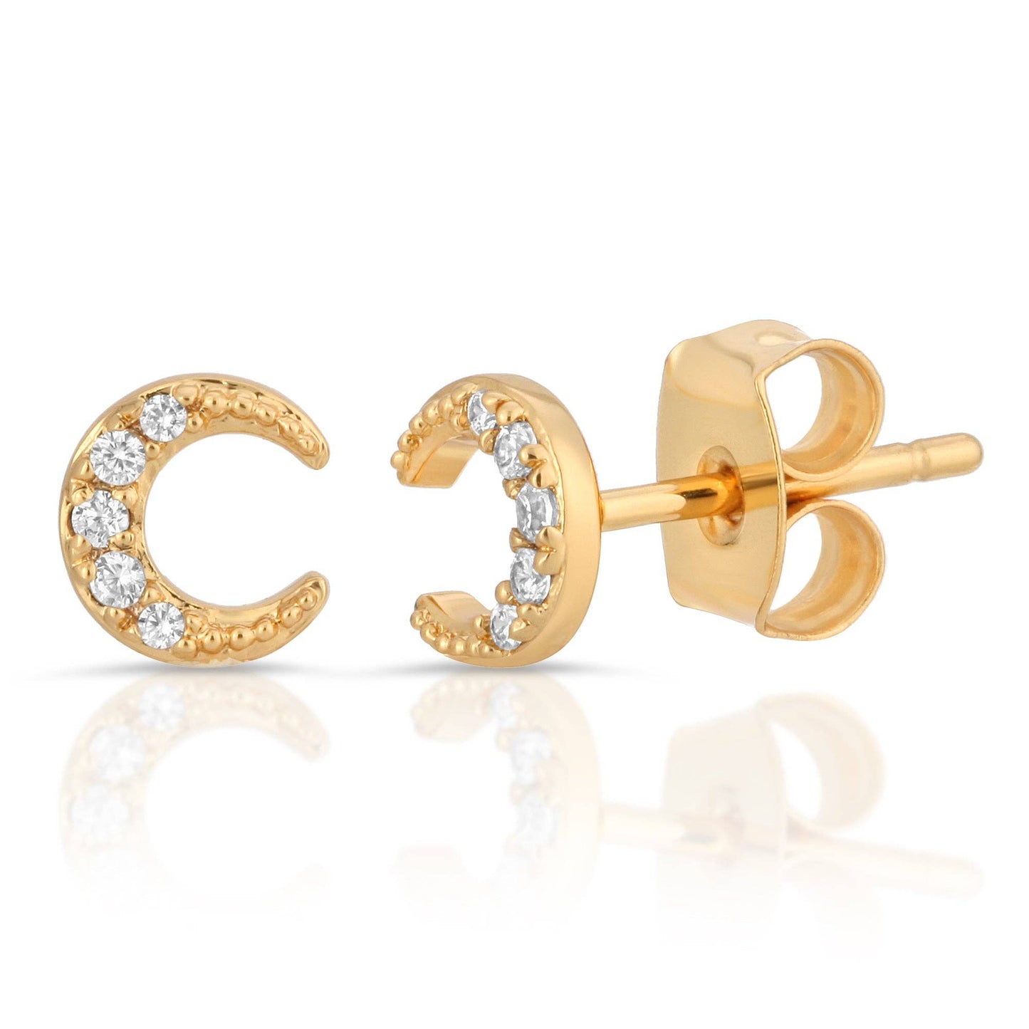 Gold moon-shaped earrings with small diamonds on a white background