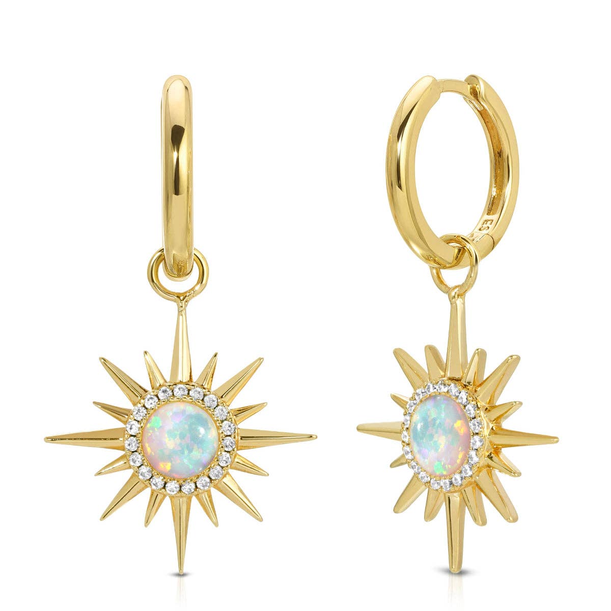 Gold hoop earrings with star-shaped opal stones on a white background